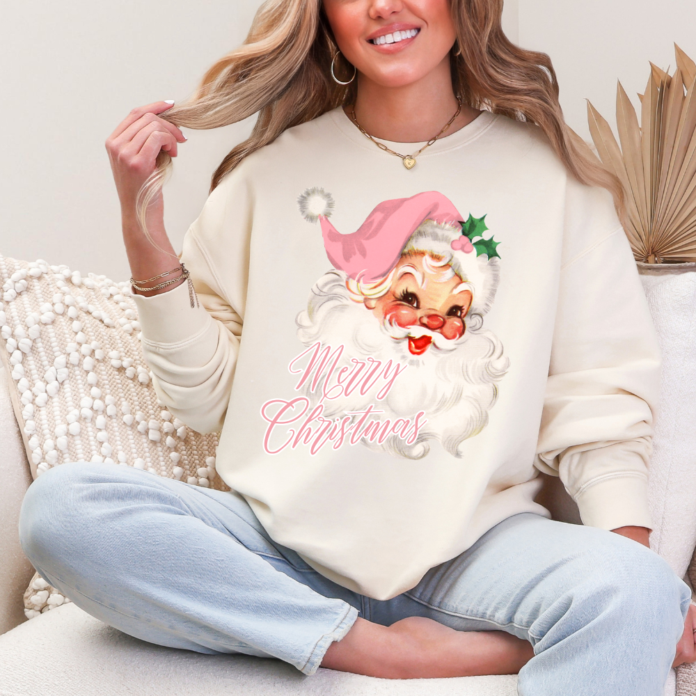 Merry Christmas Vintage Santa Crewneck - Pink