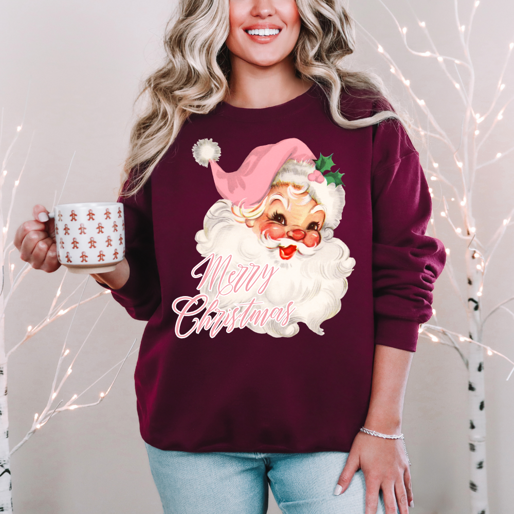 Merry Christmas Vintage Santa Crewneck - Pink