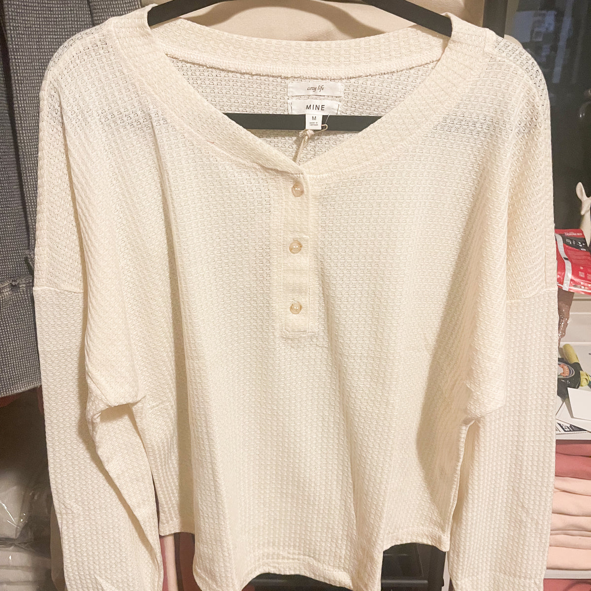Final Sale: Waffle Knit Henley - Ivory