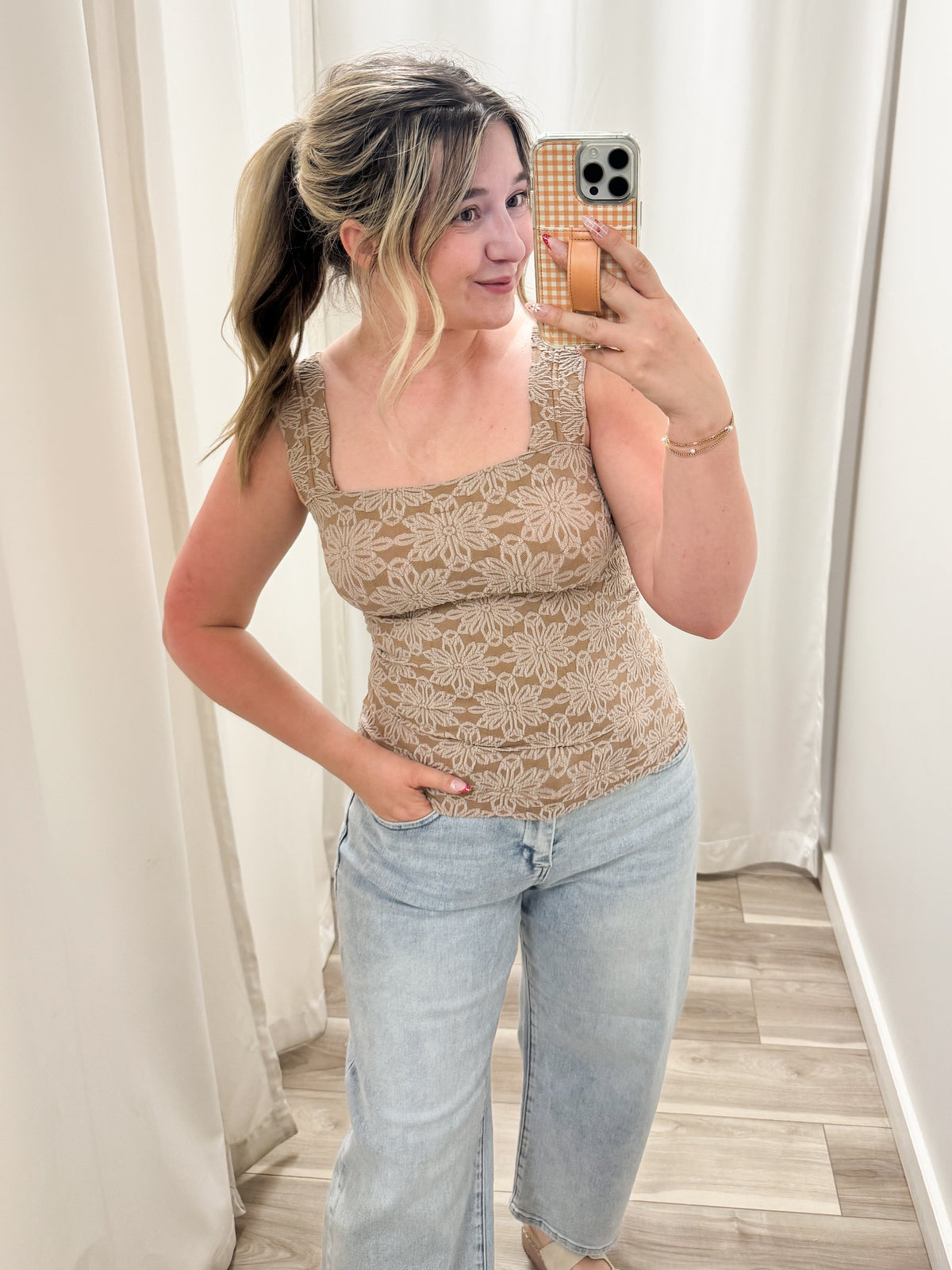 FINAL SALE: Square Neck Floral Textured Tank - Brown