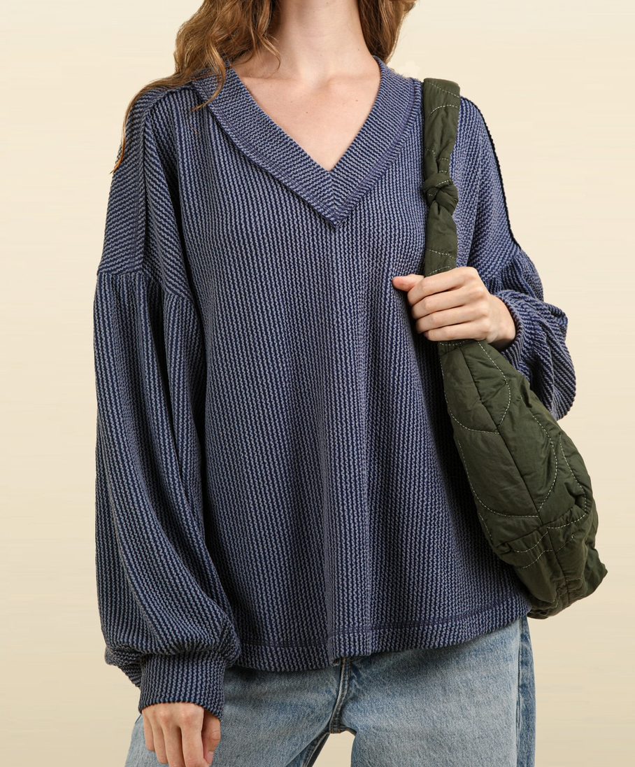 Ribbed V-Neck Long Sleeve