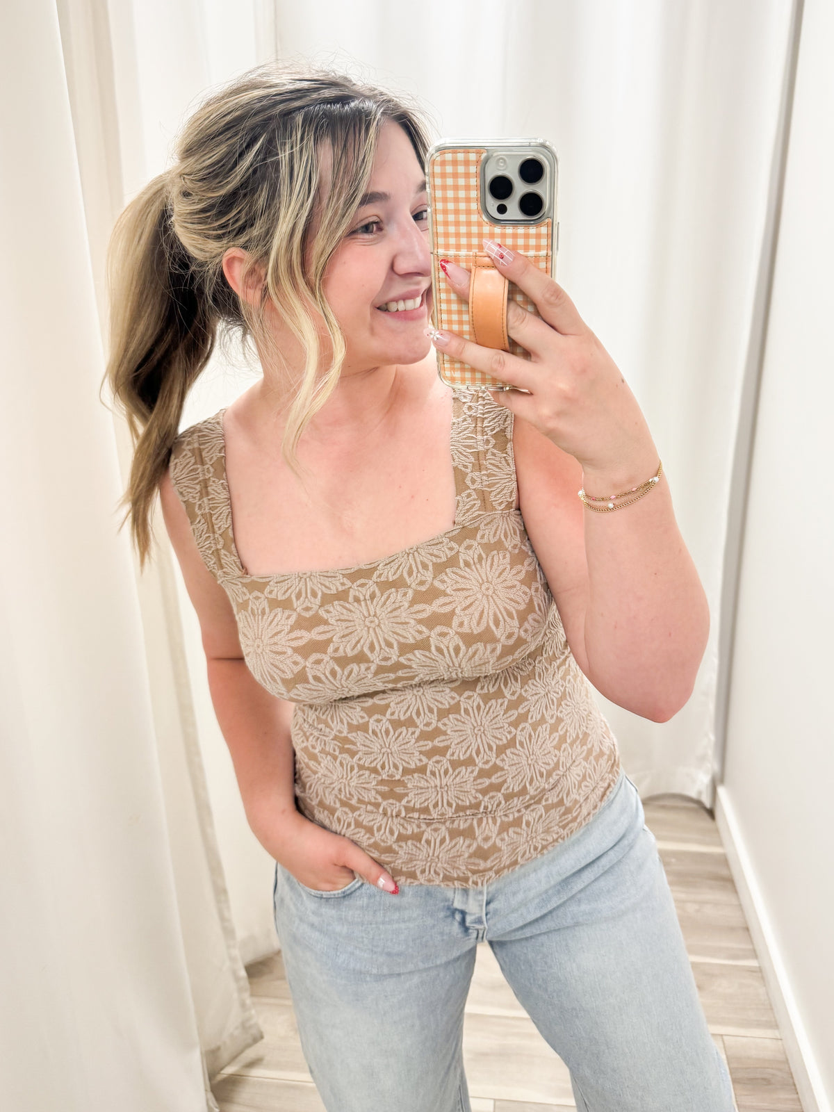 FINAL SALE: Square Neck Floral Textured Tank - Brown