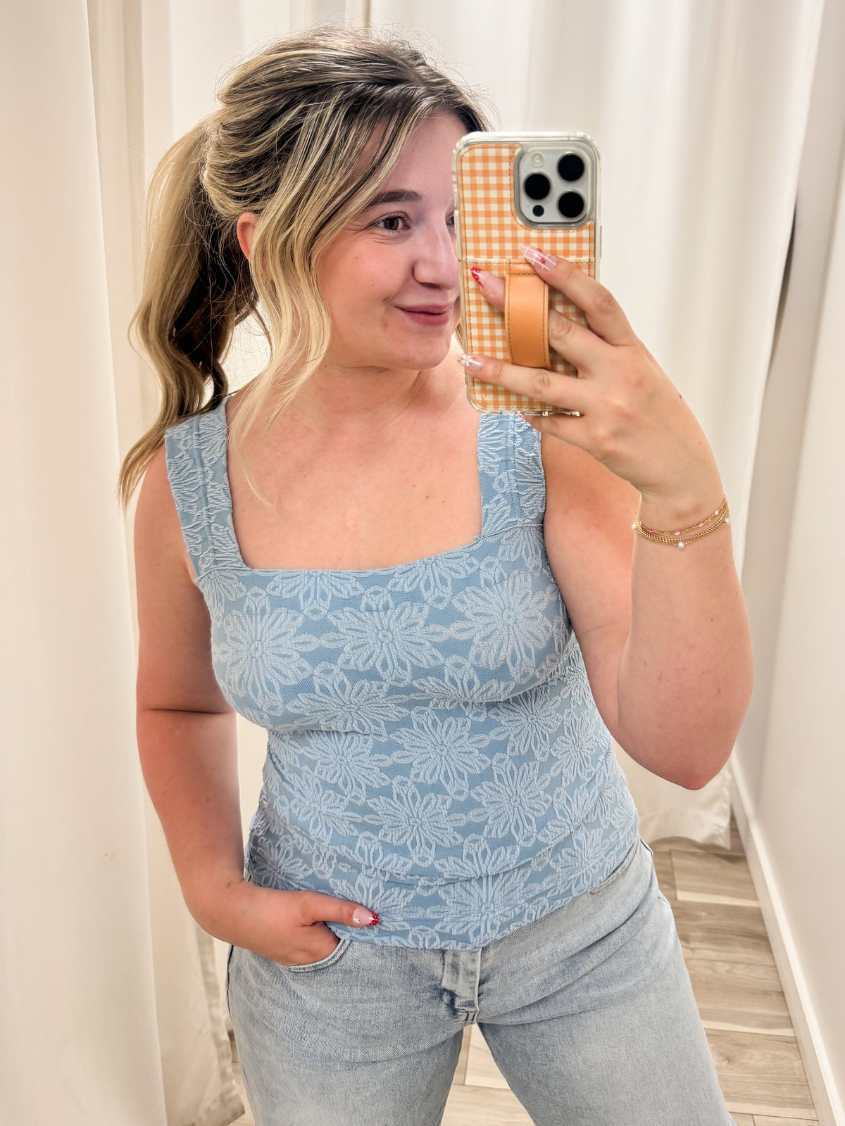FINAL SALE: Square Neck Floral Textured Tank - Blue