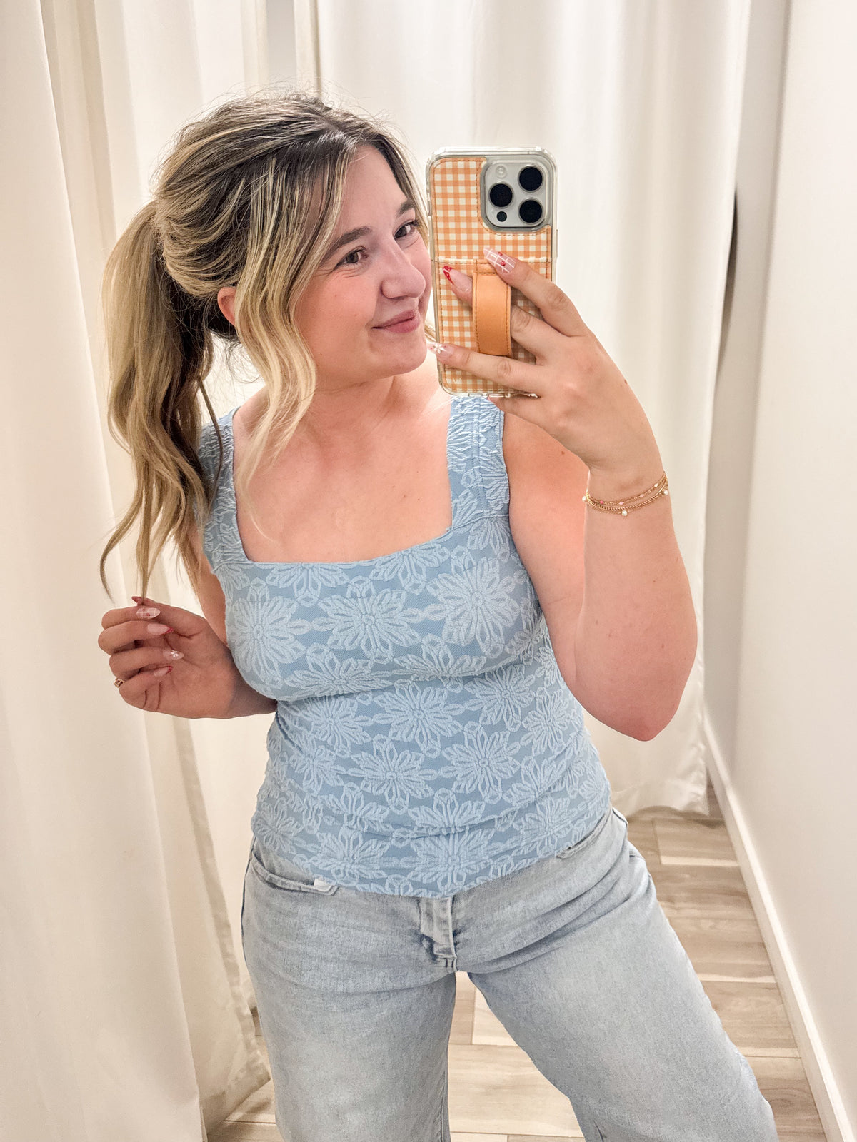 FINAL SALE: Square Neck Floral Textured Tank - Blue
