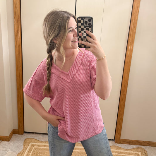 The Slouchy Ribbed V-Neck Tee - Pink
