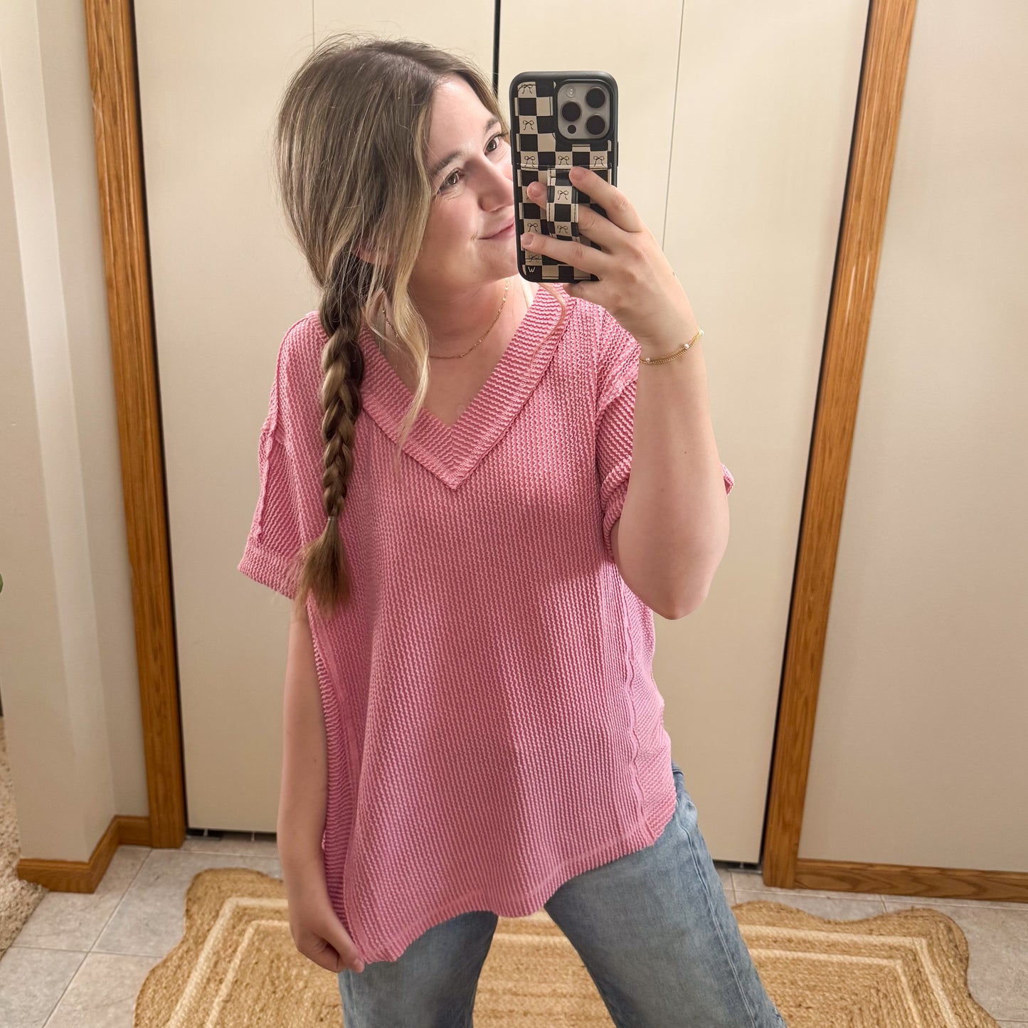 The Slouchy Ribbed V-Neck Tee - Pink