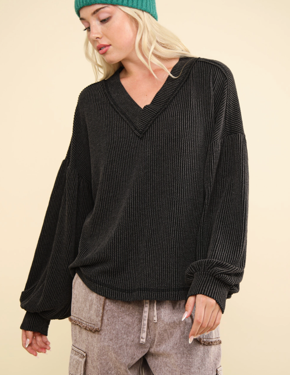 Ribbed V-Neck Long Sleeve